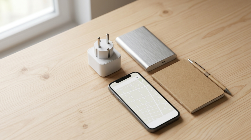  Travel adapter and tech essentials packed for a South Korea trip