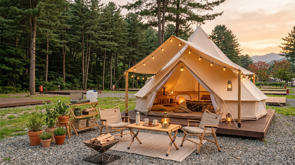 Spacious glamping-style tent setup at a Korean campsite