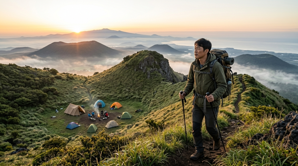 Hiking near a volcanic oreum on Jeju Island during a camping trip
