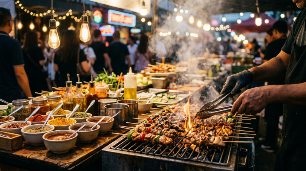 Street food vendor grilling skewers at food stalls 