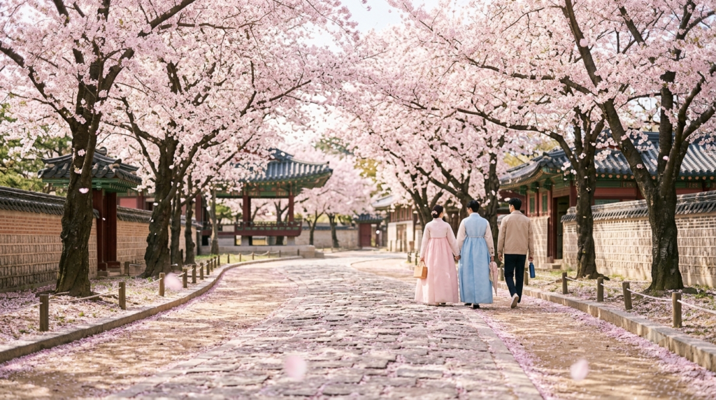 Cherry blossoms blooming near a Korean palace during spring travel season