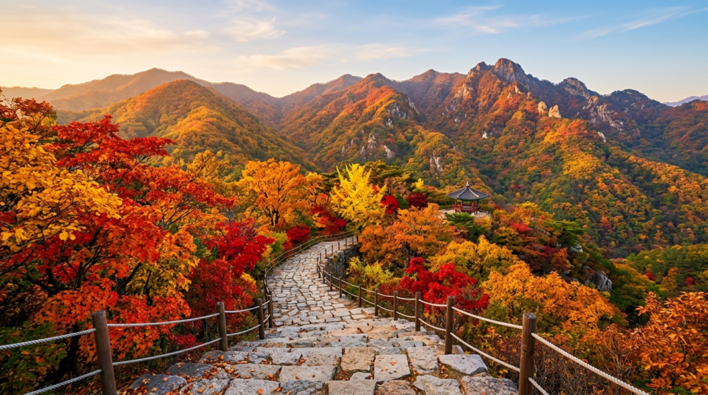 Vibrant autumn foliage in a South Korean mountain landscape