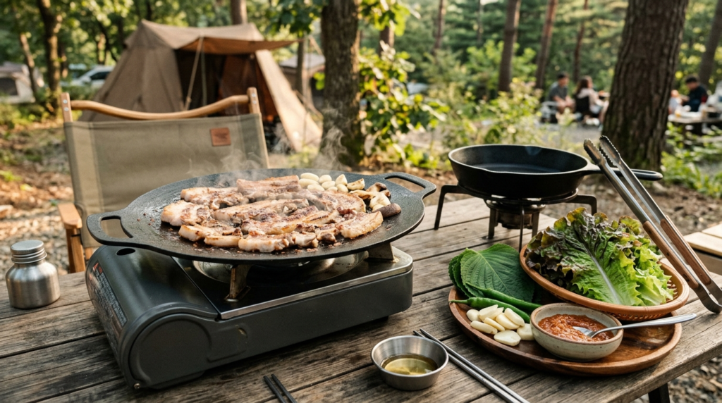 Korean camping cooking setup with portable stove and grilled pork belly
