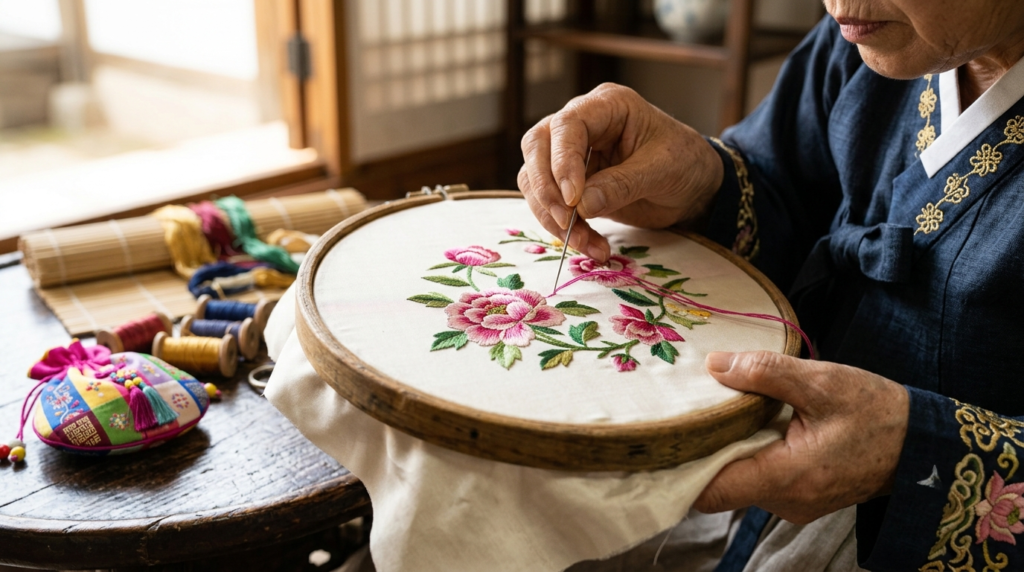 Hands demonstrating traditional Korean embroidery stitching technique on silk fabric