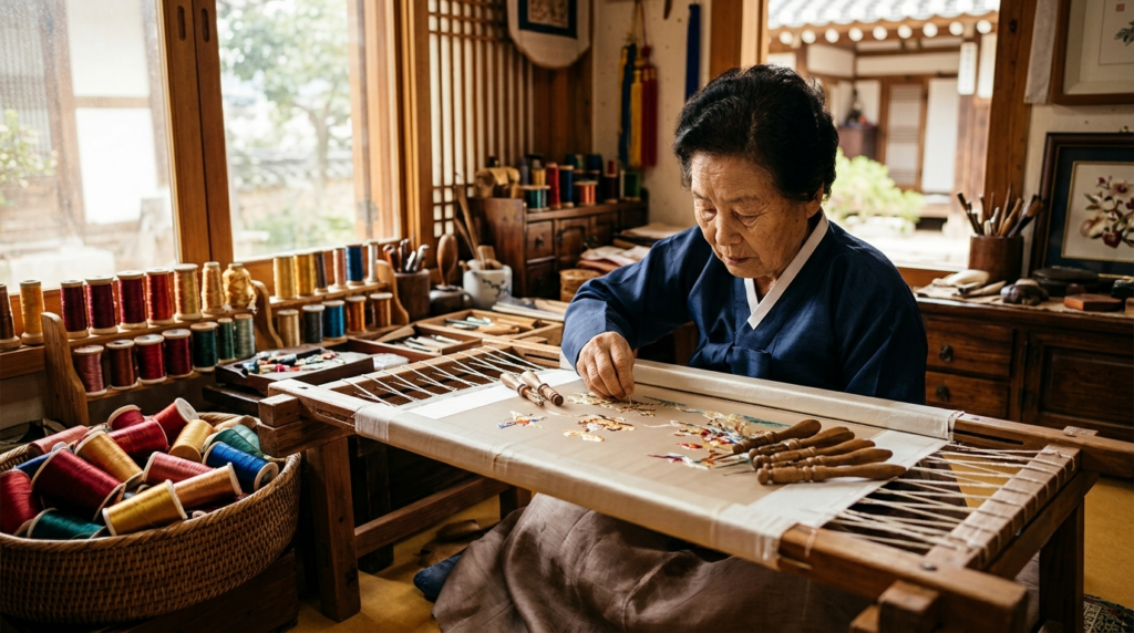 Master Korean embroidery artisan practicing traditional jasu techniques