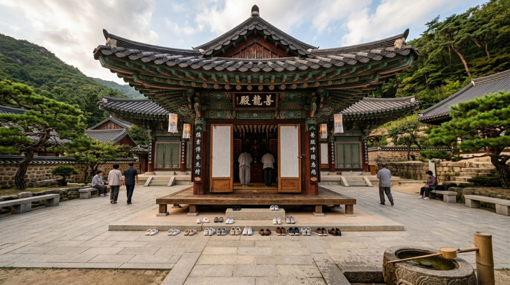 Shoes lined up outside a Korean temple showing local footwear etiquette