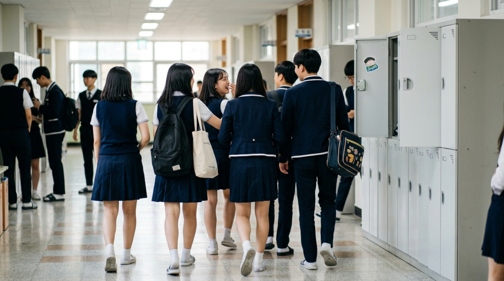 Korean students wearing traditional school uniforms in a hallway
