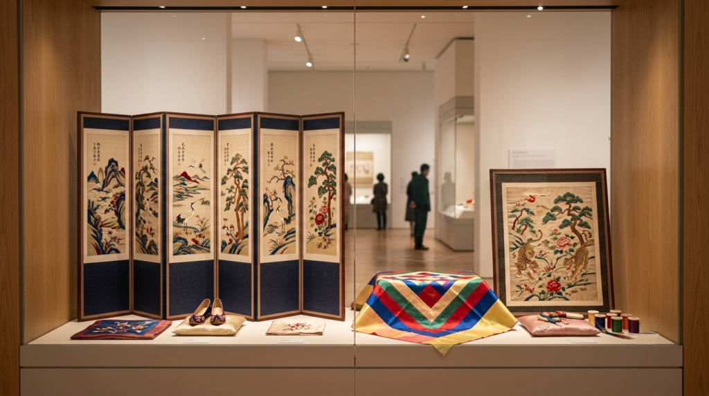 Museum exhibition of traditional Korean embroidery and bojagi textiles in Seoul