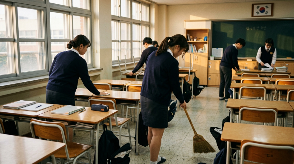 Korean students cleaning their classroom as part of daily duties