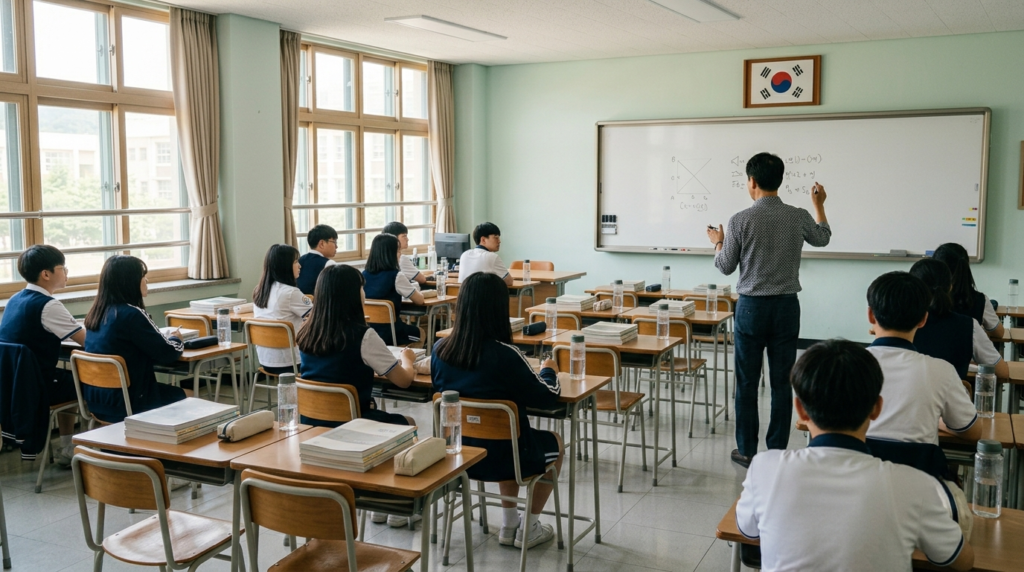 Teacher leading a lesson in a Korean classroom setting